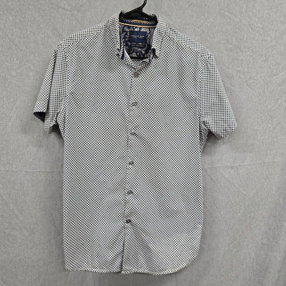 Cactus Man Ricky Singh Mens Small White Navy Blue Geometric Floral Button Down